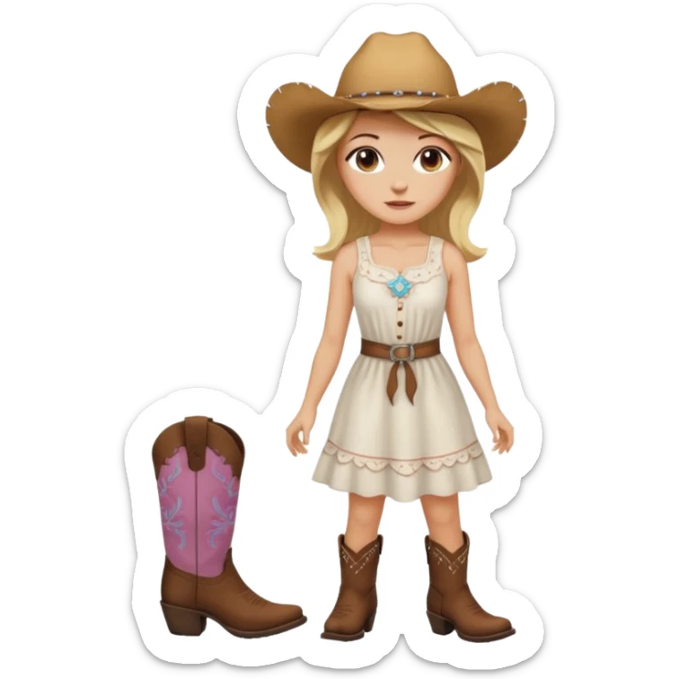 Please give me the woman standing emoji with a peach skin tone, medium length blonde hair, and dark brown eyes. Please make her wear a white sundress and brown cowgirl boots sticker