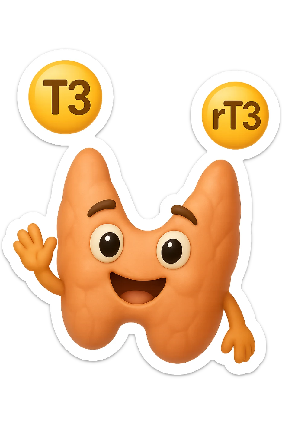 EMOJI STILE IPHONE 3D DI ormoni tiroidei (T3 ed rT3) che fluttuano in aria intorno ad una tiroide felice, iperrealistico 4k sticker