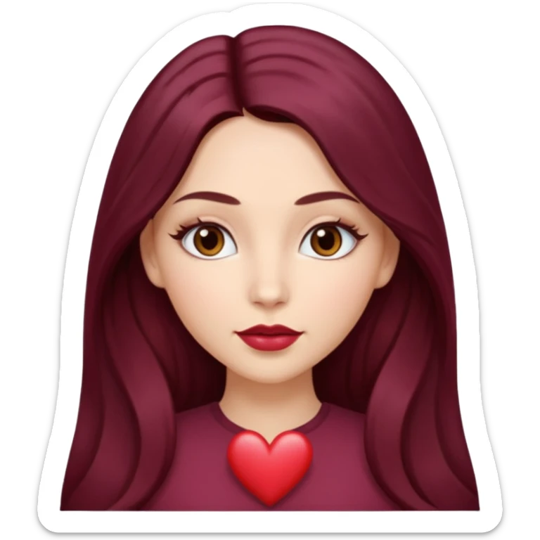 young white woman 
brown almond eyes
heart shaped lips
Long waist-long hair, center parted
slightly wavy
dark burgundy hair\ sticker