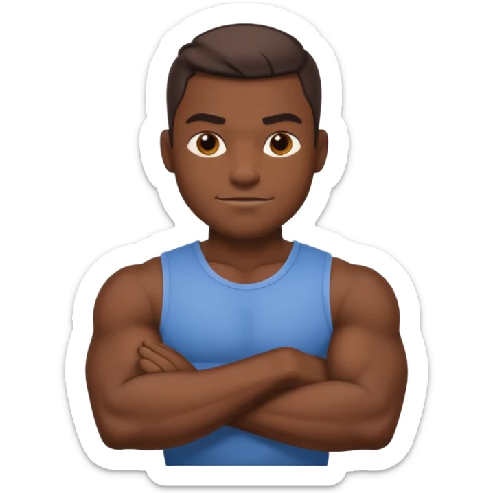 A confident, muscular cartoon male character with dark skin, crossed arms, smirking expression, bold, minimalistic lines, warm shadowing, stylized as an emoji icon. sticker