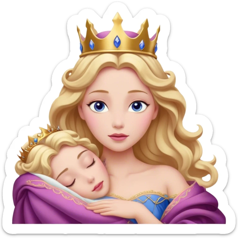 Cinematic Realistic Sleeping Beauty (Aurora) Portrait, with porcelain-like skin featuring a natural rosy flush, illuminated by soft lighting that highlights the gentle contours of her face. Her golden blonde hair flows in soft, detailed waves with subtle highlights that shimmer in the light. Her deep violet-blue eyes radiate warmth and innocence, framed by arched brows and long lashes. Her serene expression exudes quiet elegance. She is dressed in her classic pink gown, the fabric rich in texture with delicate folds that catch the light. A golden crown rests atop her head, gleaming with royal refinement. The portrait captures a soft, glowing aura, blending realism with an ethereal sense of beauty and timeless enchantment. sticker