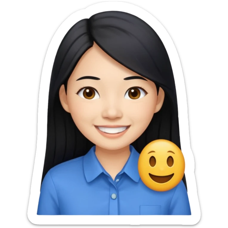 30 yr asian woman light skin long straight black hair big smile blue collared shirt sticker