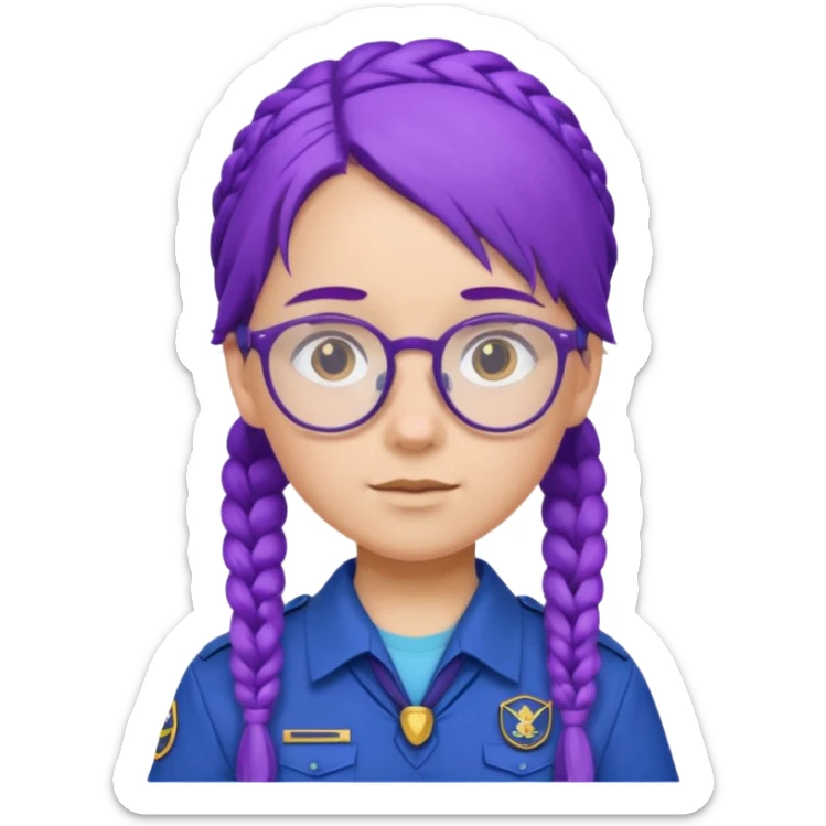 blue uniform wearing scout kid with braids and glassess with hat purple haired sticker
