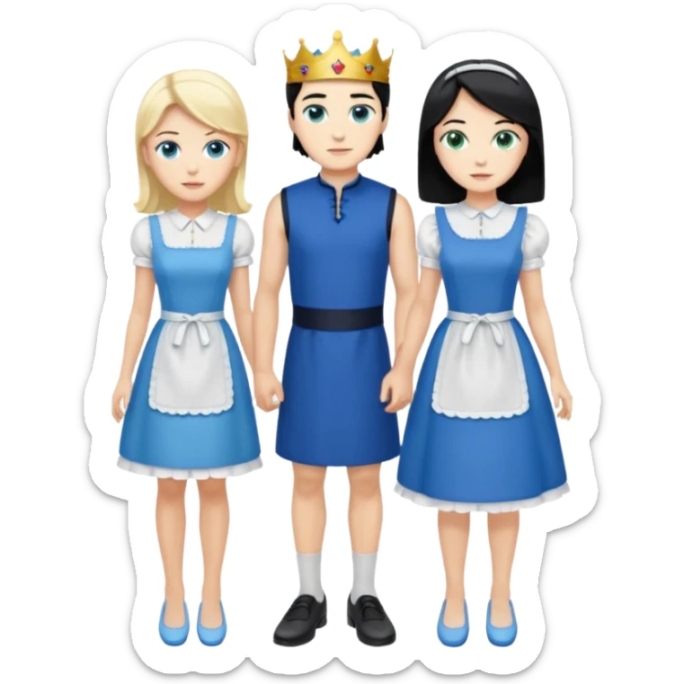 King, black hair, body, legst, blue eyes, blue garmont,  shoes, maid blonde hair, green eyes, sexy short sleveless White dress, shoes sticker