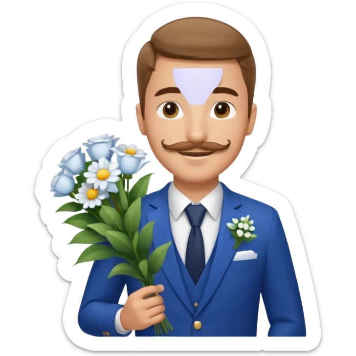Homme 23 ans léger bouc moustache en costume bleu chemise blanche insigne cabin crew portant bouquet fleur blanche souriant  sticker
