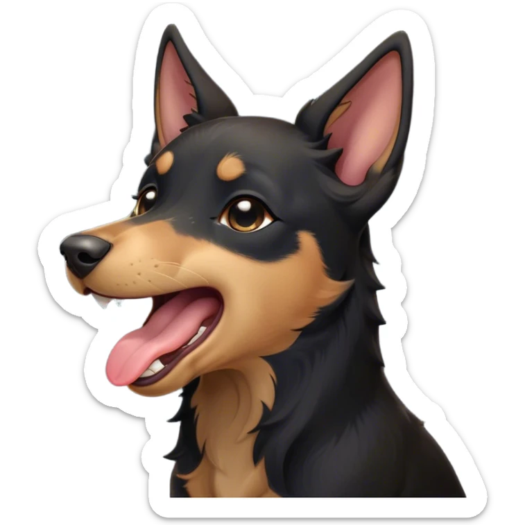 Cinematic Cute Yawning Black and Tan Kelpie Portrait Emoji, Head tilted slightly with a dramatic, wide-open yawn, showcasing a smooth black Fur with distinct tan accents, floppy ears slightly drooping, round dark eyes barely open in drowsy contentment, Simplified yet irresistibly adorable features, highly detailed, glowing with a soft, cozy glow, high shine, relaxed yet expressive, stylized with a touch of whimsy, bright and endearing, soft glowing outline, capturing the essence of a sleepy yet affectionate herder, so drowsy it feels like it could stretch out of the screen and curl up for a nap! sticker