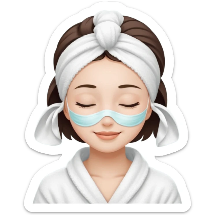 cute girl with her eyes closed and smiling, wearing a white spa towel as her clothes in she has a white spa towel on her head, white face skincare mask sticker
