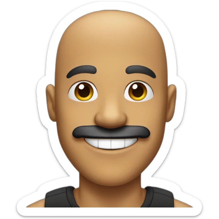 Bald man with very big black mustache and tan skin and a super big smile and smiley eyes and a black t-shirt sticker