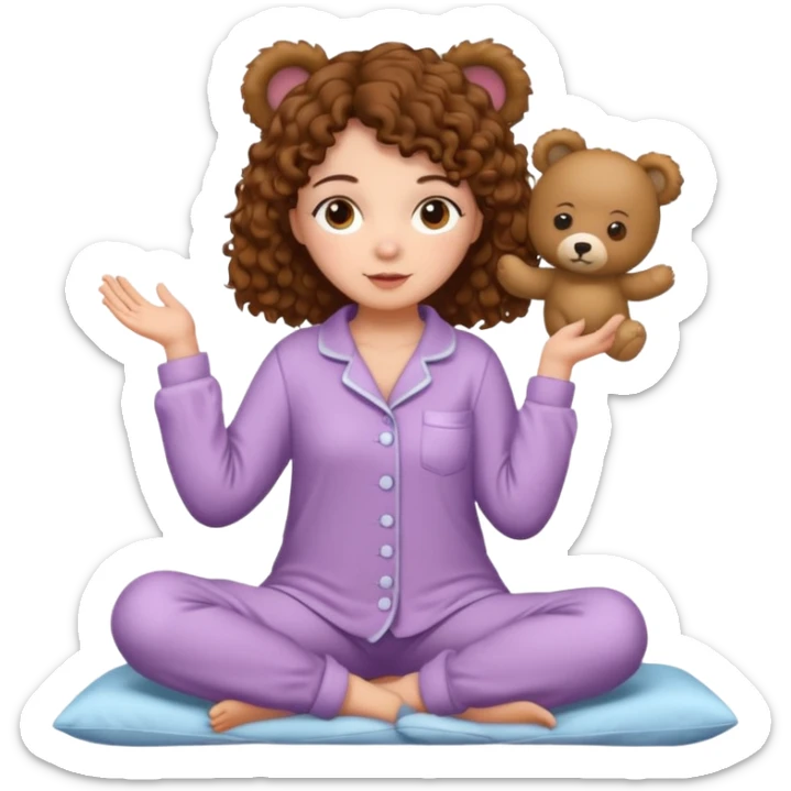 Woman with brown eyes, brown curly hair, white skin, full body in cute pijama bear sticker