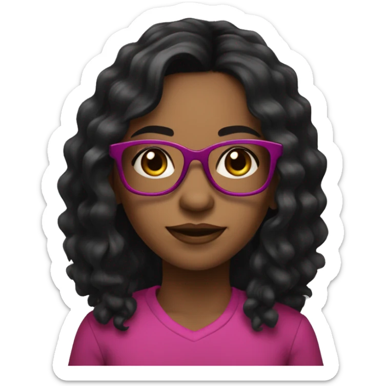 Girl with long wavey black hair and brown skin and brown eyes and fuchsia and black glasses sticker