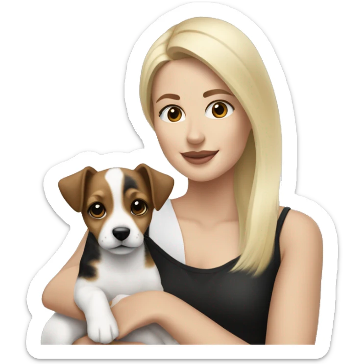 Blonde woman holding a black brown and white jack russell terrier puppy sticker