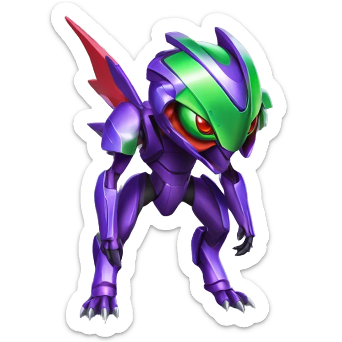 a shiny purple-green-red Genesect-Raptor-Fakémon—hybrid with a futuristic visor-helmet full body sticker