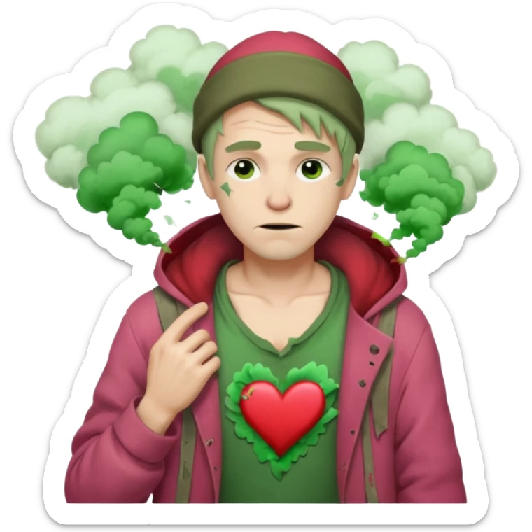 Homeless Caucasian male with green smoke around him and ripped clothes with valentines decor (no balloons) sticker
