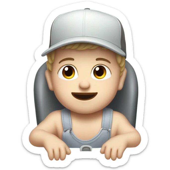 Young white man in unlabeled baseball hat rocking a white infant baby in puffy grey rocker  sticker