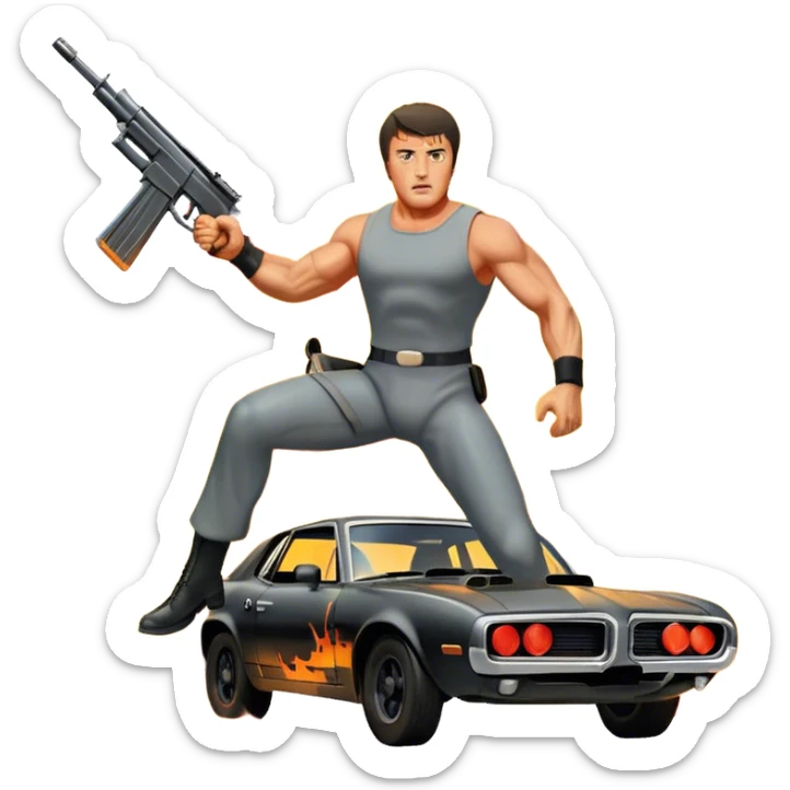 Icon for Action Movie: A vintage movie poster-style design featuring intense action scenes with explosions, weapons, and dramatic poses of Stallone. Include cars and helicopters flying out of flames in the background. Bold typography and retro cinematic style. Transparent background. sticker