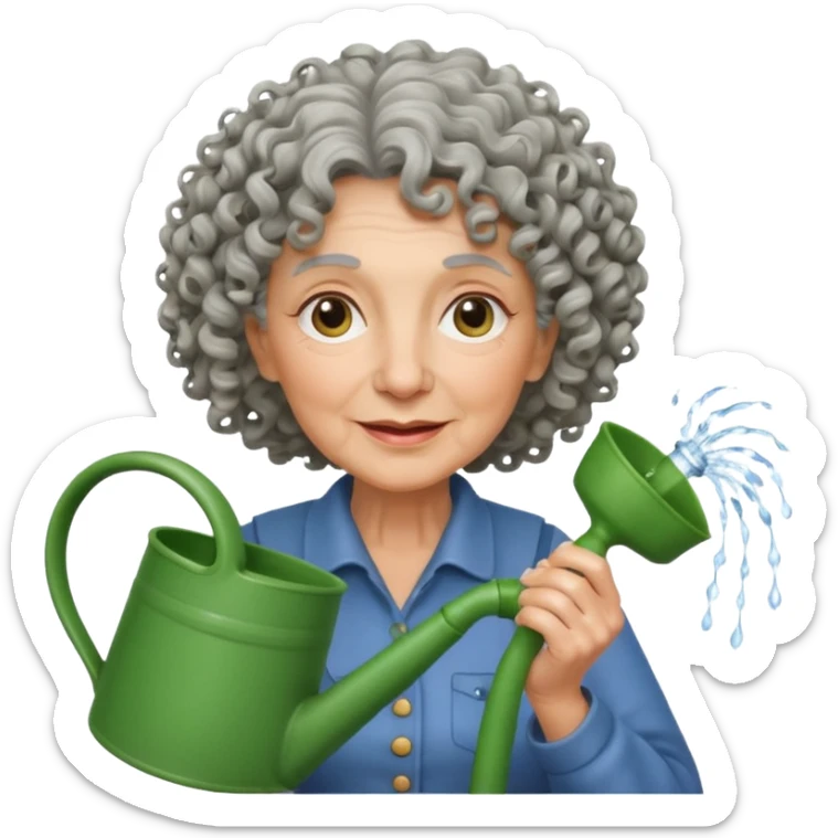 Older female florist – curly hair, hold garden watering pot sticker