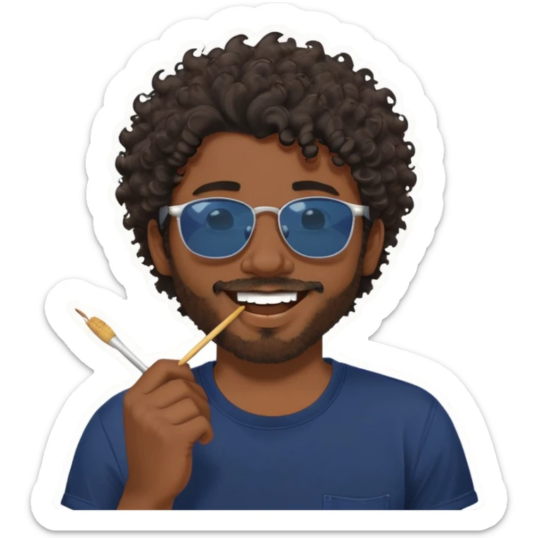 A cartoon-style sticker of a young man with messy dark curly hair and a short beard. He is wearing a navy blue t-shirt. He is smiling confidently with a toothpick in his mouth, held between his teeth on the right side. His sunglasses are unique — they are clearly hand-drawn on white paper and cut out, with cyan-colored diagonal lines and bold outlines. The paper glasses are placed on his face in a humorous way. He is pointing with his left hand in a playful, “you got this” gesture, with his thumb up and index finger pointing forward. The style is bold, outlined, with vibrant colors, clean vector lines, and designed for use as a sticker. Transparent background. sticker