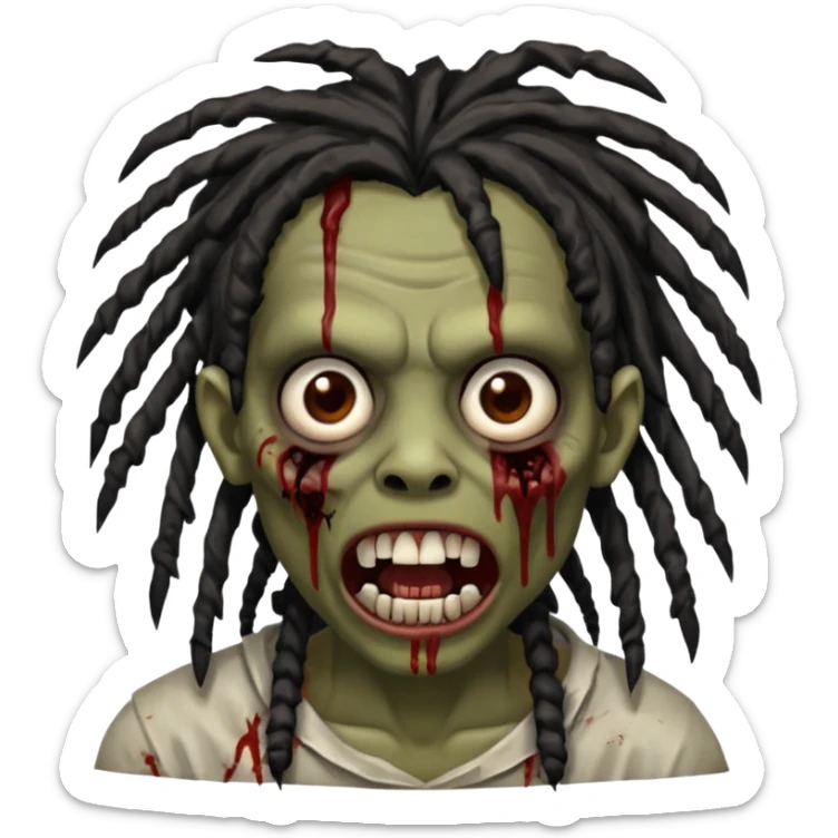 zombie with brown skin, messy black dreads hair, wide centered brown eyes, dark bloody marks under the eyes, and a slightly open mouth showing crooked teeth grillz, giving a distressed, undead look. sticker