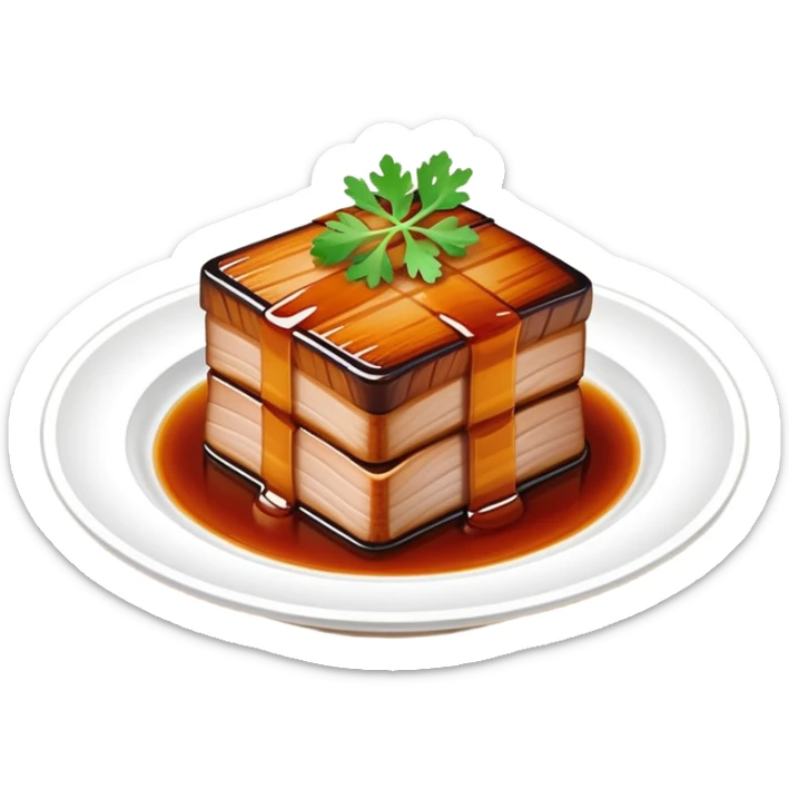 Dongpo Pork braised pork belly caramelized dish, simplified emoji style with bold outlines and bright colors, cartoon style Chinese culinary heritage sticker