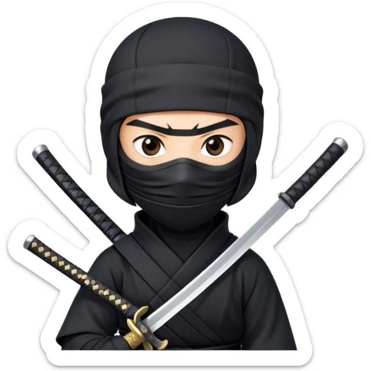  A emoji cartoon-style digital illustration of a ninja dressed in a full black outfit with a face mask, leaving only the eyes visible. The ninja has a serious and focused expression. A katana sword is strapped to their back, with the handle visible over one shoulder. The background is plain white sticker