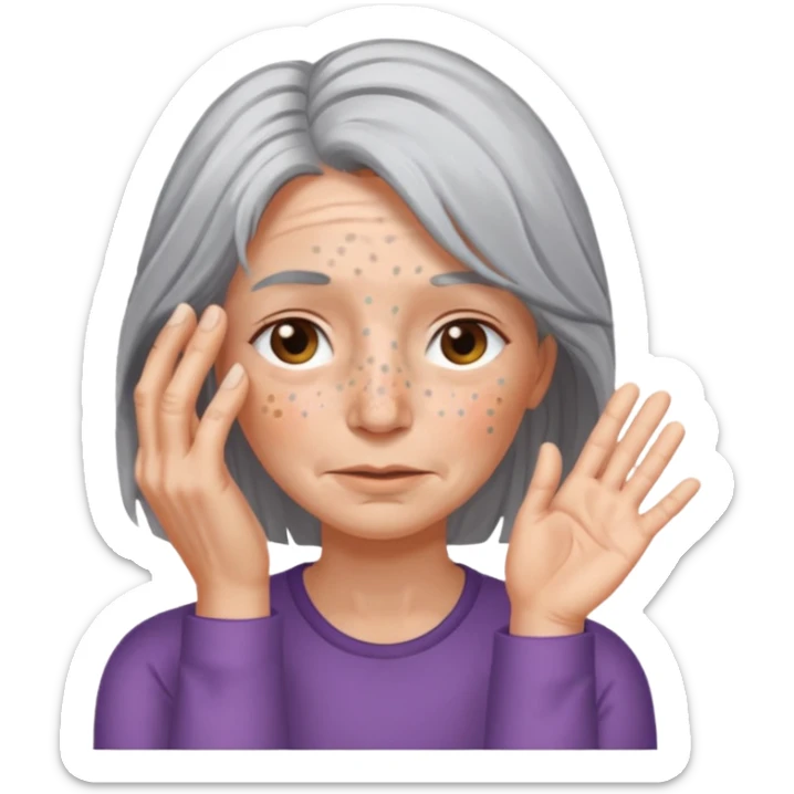 woman with gray hair and 1 palm of hand covering face sticker