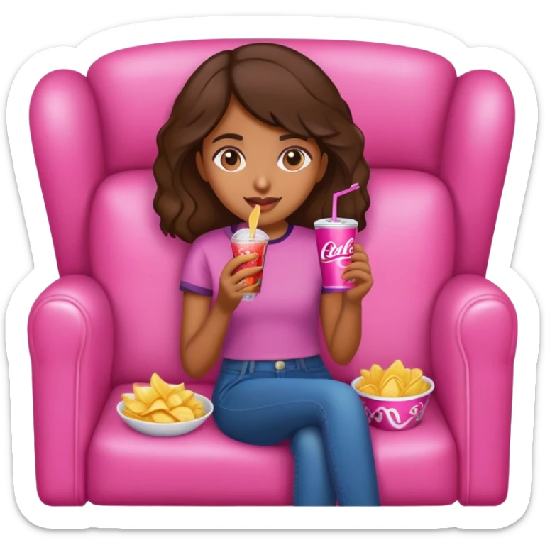home brown girl with chips and soda drink at the pink sofa sticker
