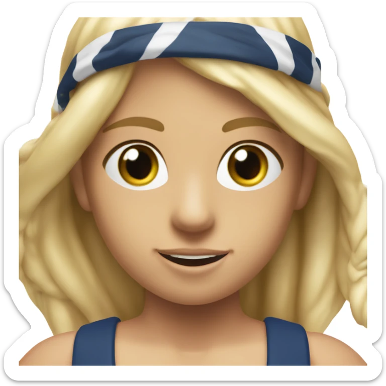 A girl with long blonde hair with wide shoulders wearing a Great Britain rowing swimming suit and has small muscles and add a necklace that has a sea shell pendant on it. She must have a  necklace around the neck and the pendant is on her chest sticker