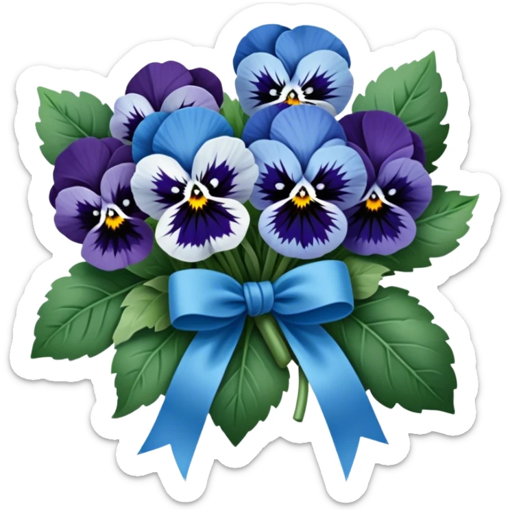 A beautifully tied deep green ribbon wrapped around a bouquet of soft blue pansies, displayed on an antique wooden table. sticker