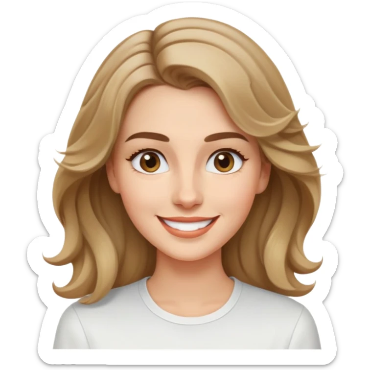 Mujer joven caucasian, cara alargada, cejas suaves, pelo rubio oscuro ondulado con puntas claras, raya al lado. Sonrisa amplia, expresión alegre. Camisa blanca. sticker