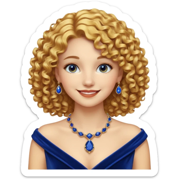 emoji of a young elegant lady, curly golden hair, wearing a velvet gown and sapphire necklace, warm smile sticker