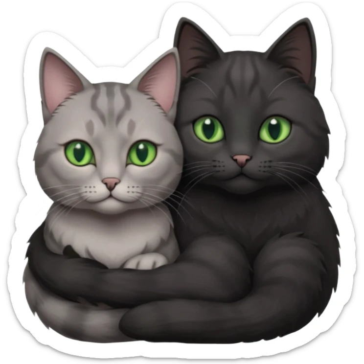 1 regal looking grey cat with pastal green eyes and 1 black with green eyes cat cuddling sticker