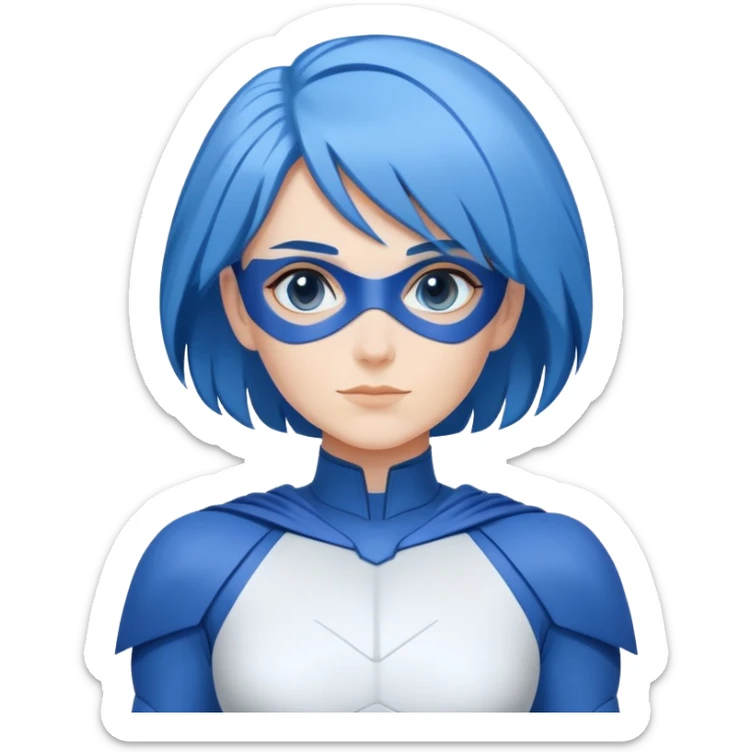 Close-up emoji of a friendly woman with blue hair (no mask on the face), wearing a minimalist blue and white superhero suit with broad shoulders. The suit has a large blank area on the chest for a logo, uses only blue and white colors, and has minimal details.  sticker