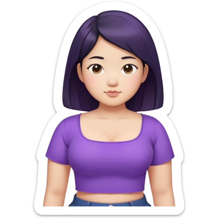 a girl that is asian, chubby, has black waist length hair, and cool tone skin with purple square neck shirt. make it torso length  sticker