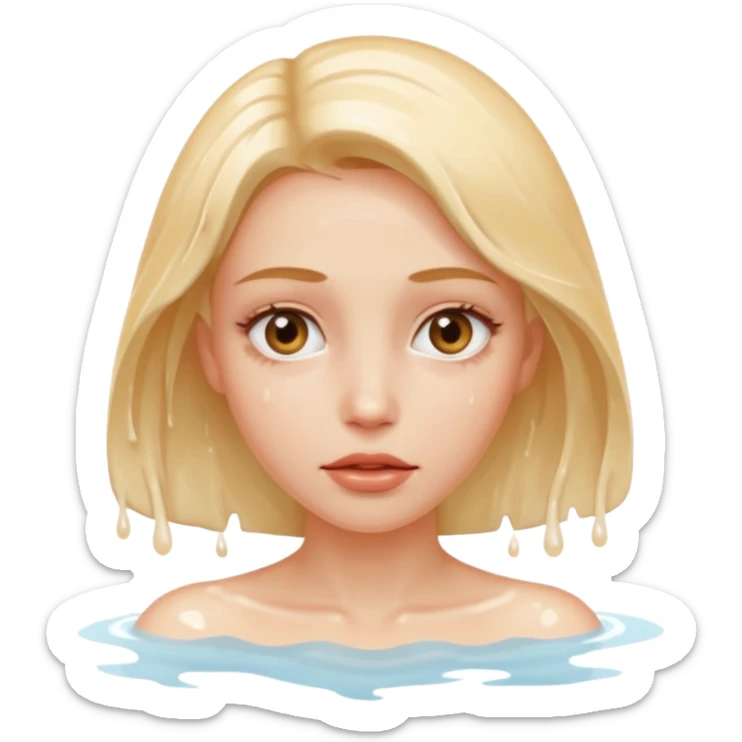 Woman submerged in black water, wet skin and eyes above surface, silent invitation sticker