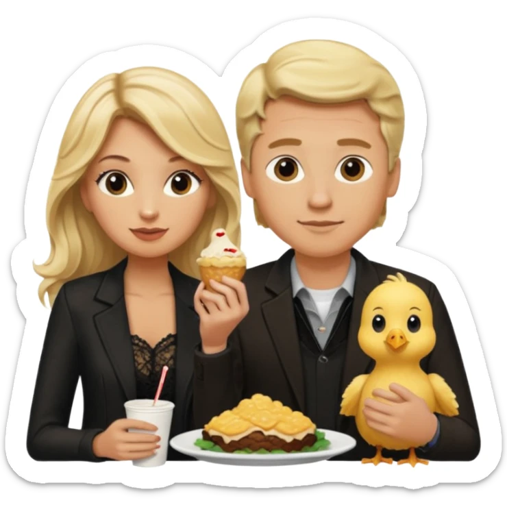 Love tan woman long wavy blonde hair and black lace  with  a man short blonde hair wearing Brown  jacket eating chick filet  sticker
