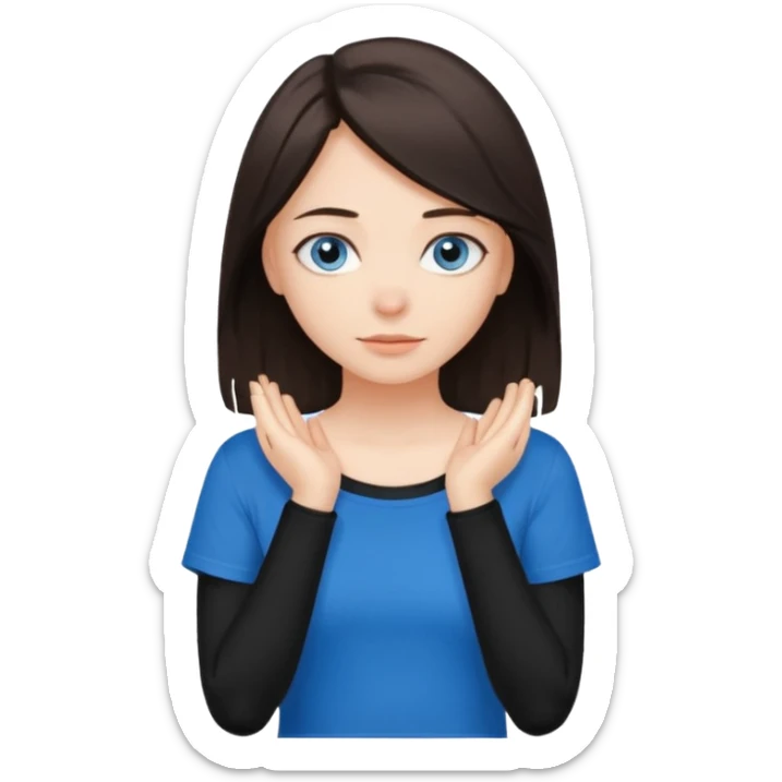 Girl with dark brown hair thats about shoulder lenght with blue eyes putting two hands on their neck in a black tshirt sticker