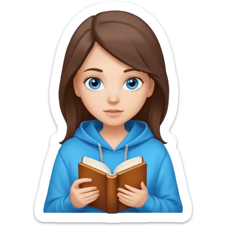 White girl brunette with blue eyes in a warm hoodie holding a book sticker