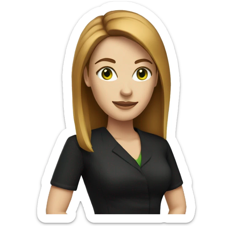 executive woman, straight golden brown hair, green eyes, black dress sticker