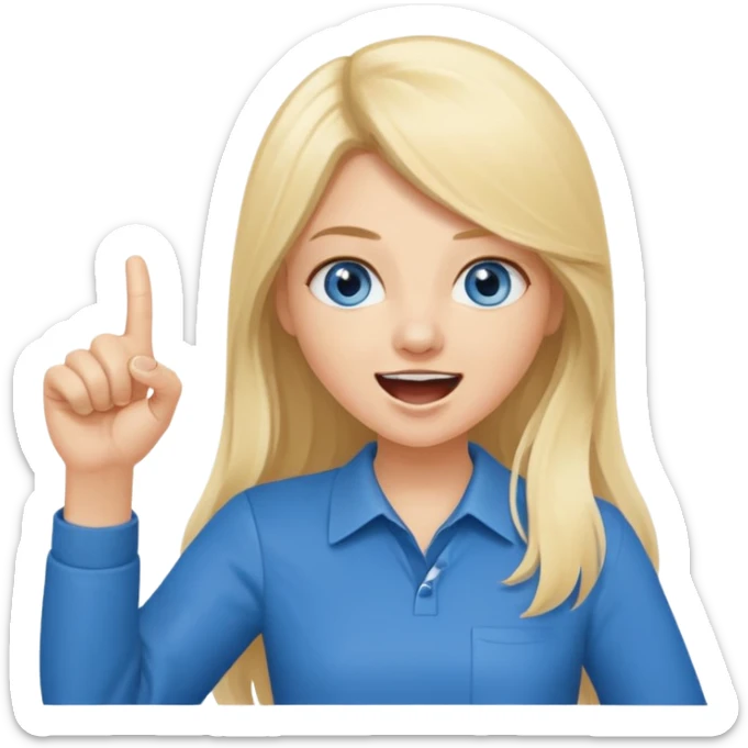 blue eyes blonde girl yelling into megaphone and holding up 1 finger in the other hand smiling long hair sticker