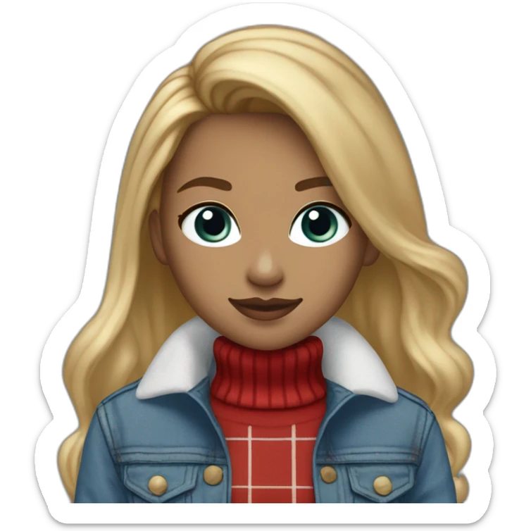 straight hair blond tall blue eye female designer with plaid brown and red sports jacket and white turtle neck sweater black boots and baggy light blue jeans sticker