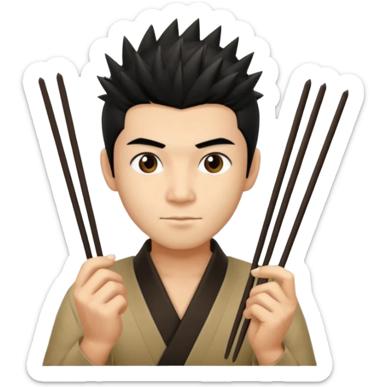 Make it a vietnamese male with spiky black hair hold a pair of chopsticks sticker