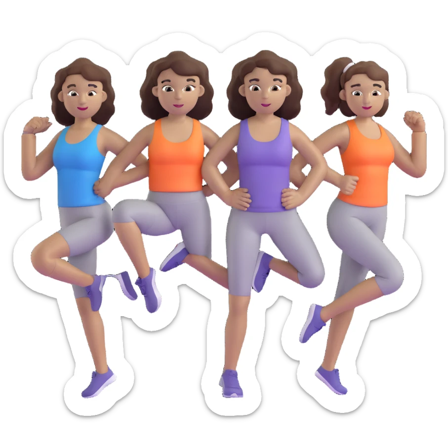 three women friends exercising together, one black woman with curly brown hair, one pale white woman with curly brown hair, and one pale white woman with straight brown hair in a ponytail sticker