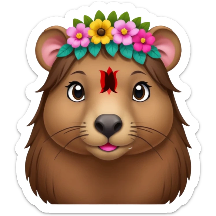 capybara with faka eye lashes and make up on - bright lipstick and eye make up - long brown hair, flowers in her hair

 sticker