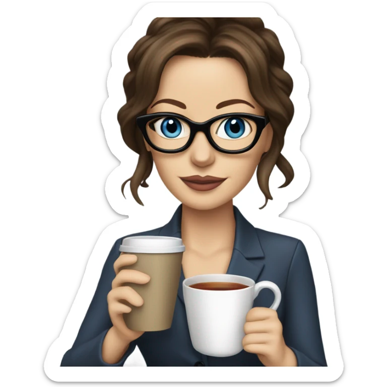 Lifelike Kate Beckinsale blue eyes wearing glasses in a business dress drinking a cup of tea  sticker