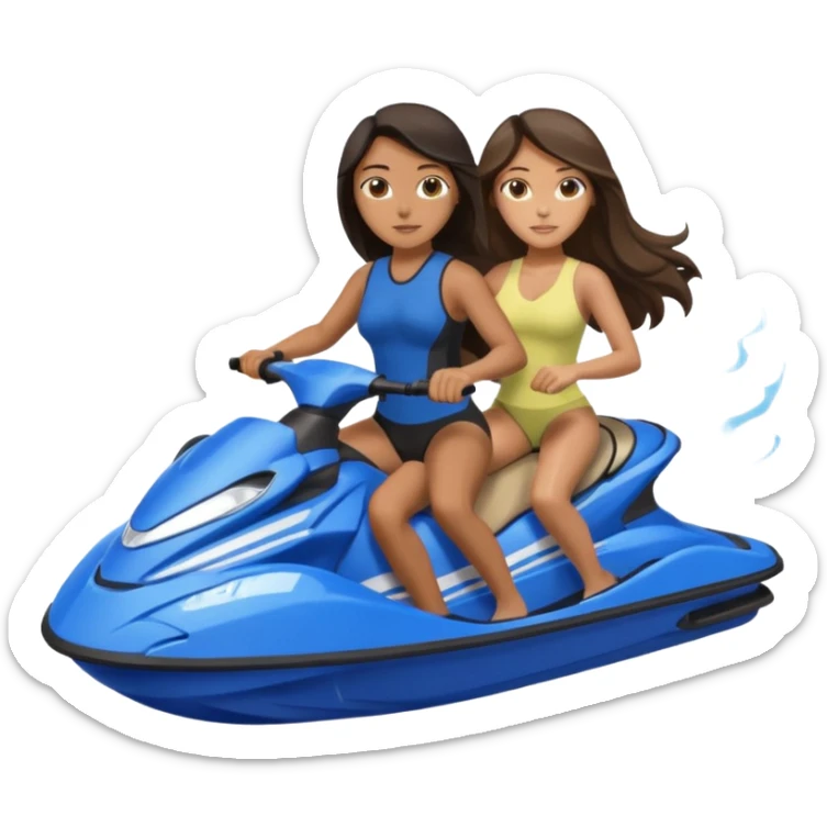 Dark tan male dark hair & light tan female long dark hair on a blue jet ski no sunglasses sticker