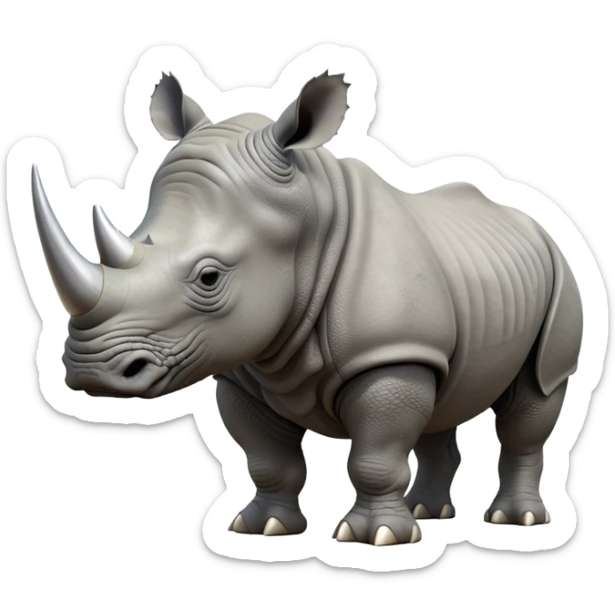 cinematic-rhino-realistic-full-body-standing-emoji,-massive-armored-body-poised-powerfully,-thick-horn-curving-slightly-forward,-head-tilted-dramatically,-rough-grey-hide-covered-in-dust,-simplified-yet-realistic-focused-features,-highly-detailed,-glowing-with-an-almost-sarcastic-glow sticker