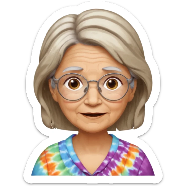 Grandma grandmother Gypsy alternative lifestyle concerned happy wise granny wire rims haircut long hair medium hair brown and white streaked hair sticker