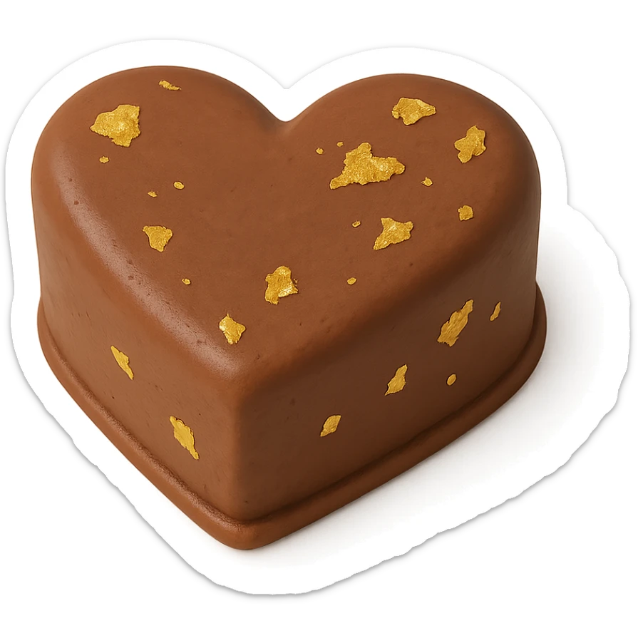 heart-shaped chocolate fondant cake with gold leaf, transparent background sticker