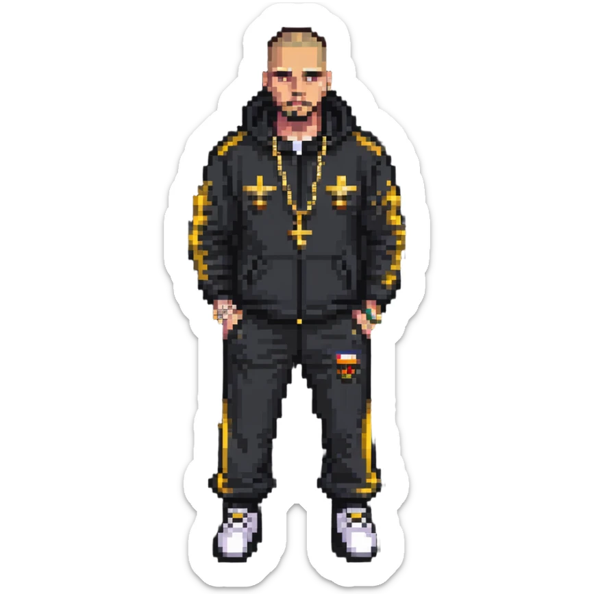 Russian gangster wearing a tracksuit and gold chain, pixel art style sticker
