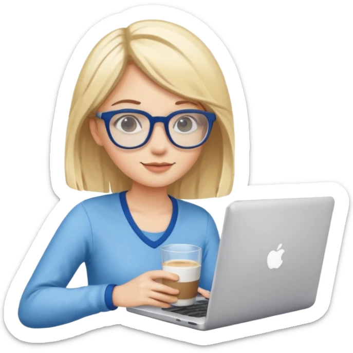 A girl with blonde hair and blue hair wearing glasses holds a laptop and a glass of coffee sticker